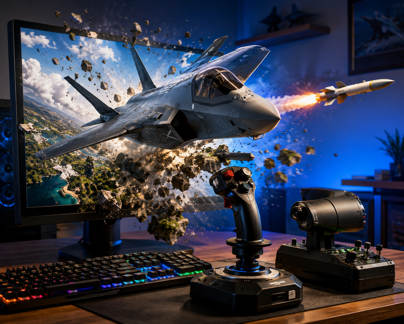 Poste de simulation de vol avec joystick HOTAS, un avion de chasse jaillissant de l'écran